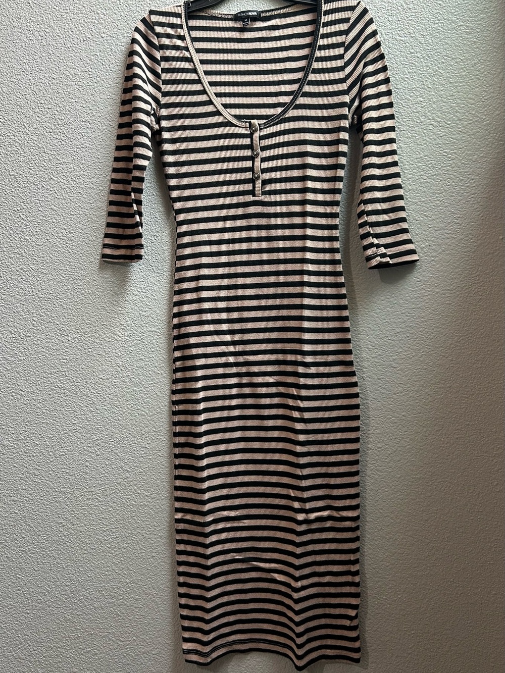 Fashion Nova Black and Cream Striped Midi Dress